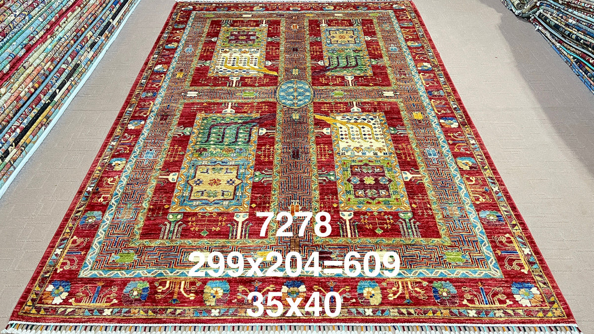 Chobrang Aiena Rug | Red Bakhtiari Panel Wool Area Rug | Hand‑Knotted Afghan | 35×40 Quality | 9′10″ × 6′8″