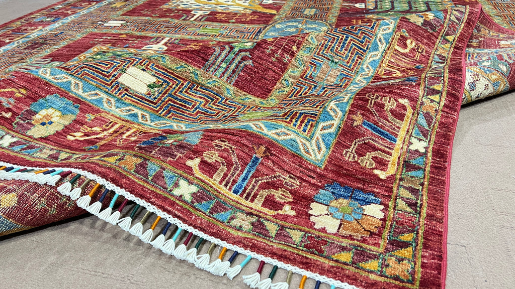Chobrang Aiena Rug | Red Bakhtiari Panel Wool Area Rug | Hand‑Knotted Afghan | 35×40 Quality | 9′10″ × 6′8″