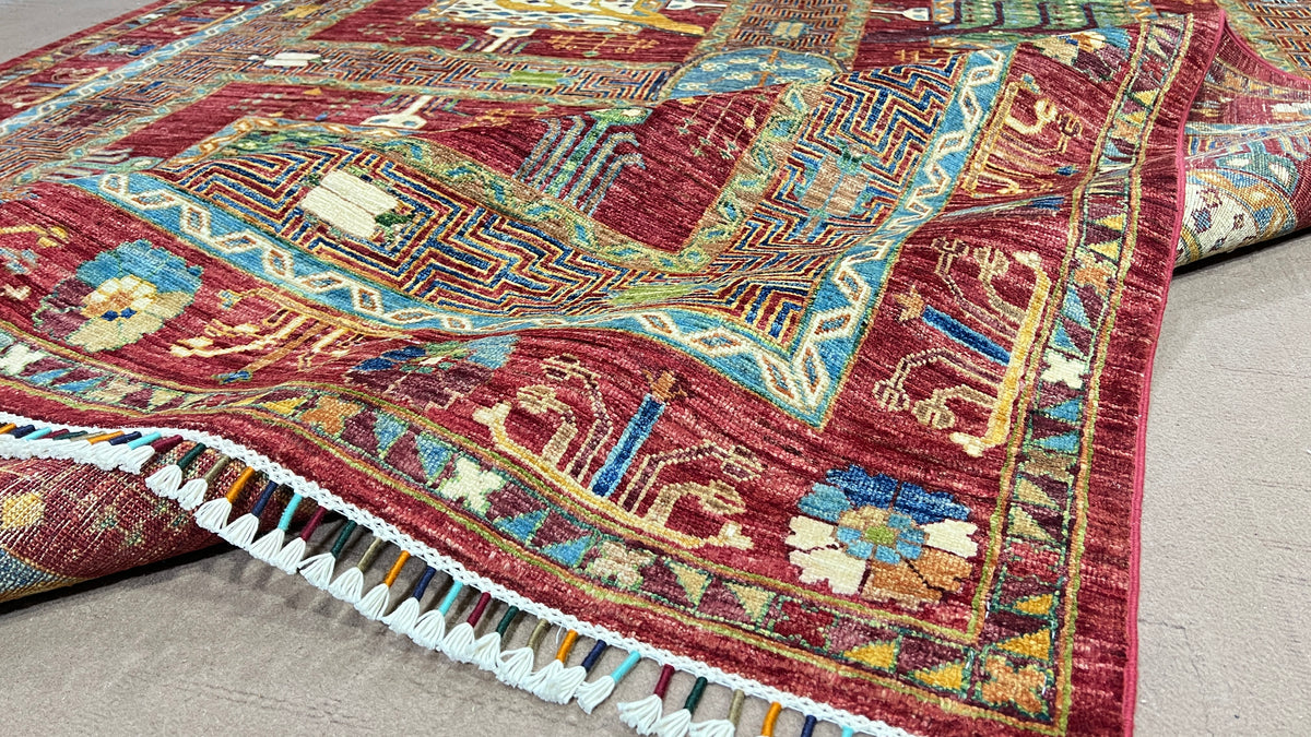 Chobrang Aiena Rug | Red Bakhtiari Panel Wool Area Rug | Hand‑Knotted Afghan | 35×40 Quality | 9′10″ × 6′8″
