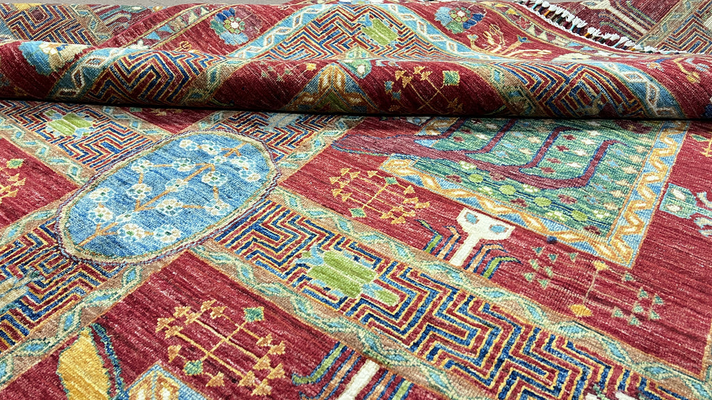 Chobrang Aiena Rug | Red Bakhtiari Panel Wool Area Rug | Hand‑Knotted Afghan | 35×40 Quality | 9′10″ × 6′8″