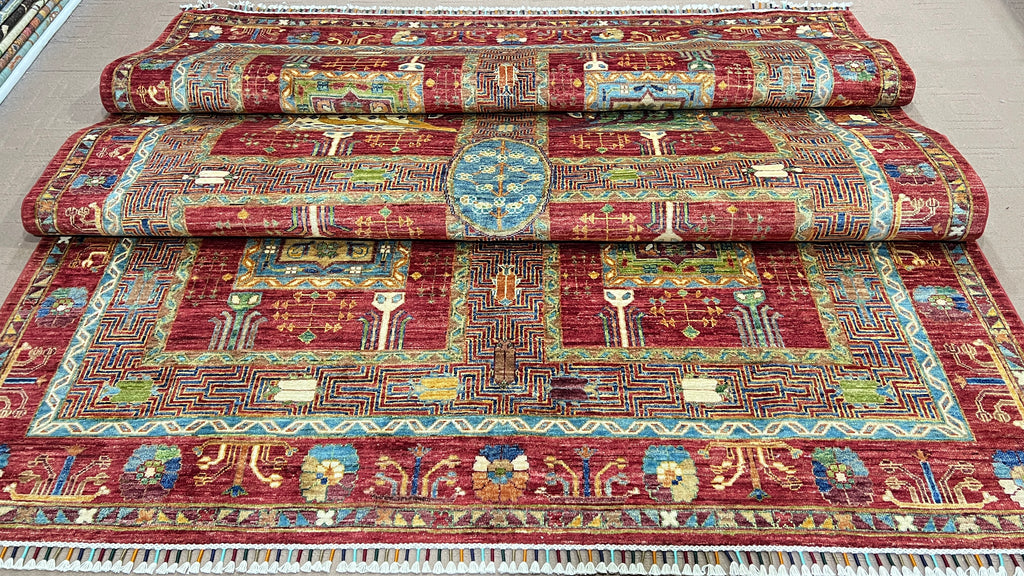 Chobrang Aiena Rug | Red Bakhtiari Panel Wool Area Rug | Hand‑Knotted Afghan | 35×40 Quality | 9′10″ × 6′8″
