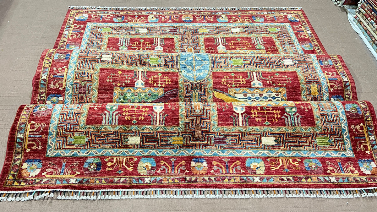 Chobrang Aiena Rug | Red Bakhtiari Panel Wool Area Rug | Hand‑Knotted Afghan | 35×40 Quality | 9′10″ × 6′8″