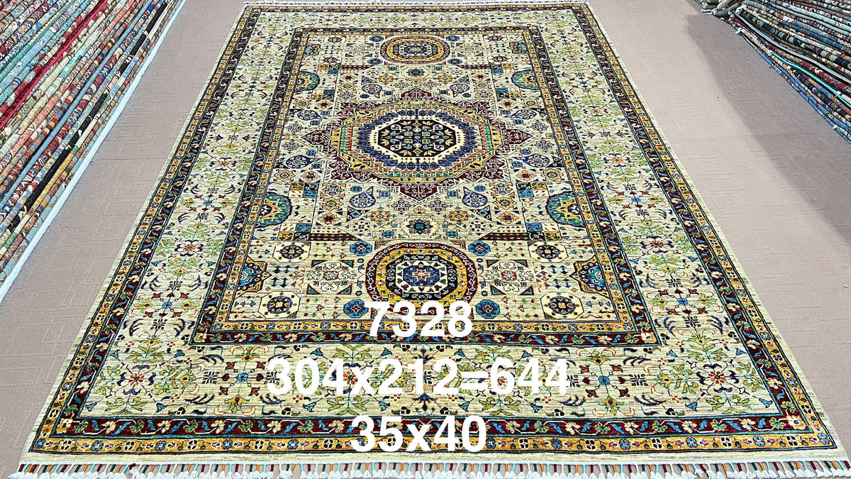 Chobrang Mamluk Rug | Ivory Geometric Wool Area Rug | Hand‑Knotted Afghan | 35×40 Quality | 6′11″ × 9′11″