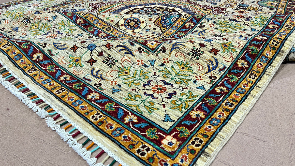 Chobrang Mamluk Rug | Ivory Geometric Wool Area Rug | Hand‑Knotted Afghan | 35×40 Quality | 6′11″ × 9′11″