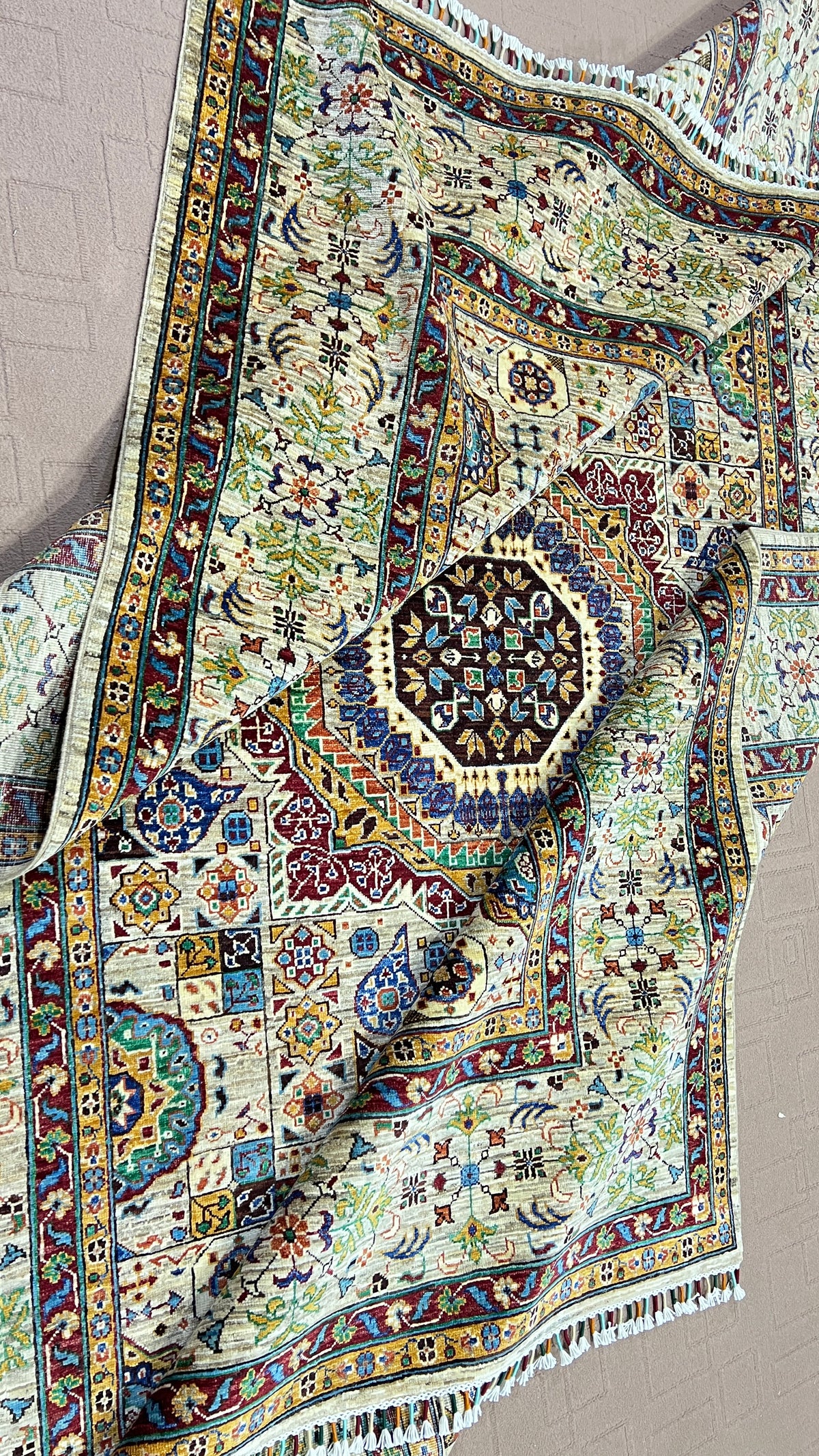 Chobrang Mamluk Rug | Ivory Geometric Wool Area Rug | Hand‑Knotted Afghan | 35×40 Quality | 6′11″ × 9′11″